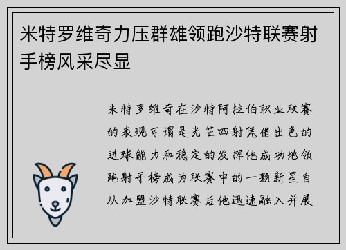 米特罗维奇力压群雄领跑沙特联赛射手榜风采尽显 米特罗维奇力压群雄领跑沙特联赛射手榜风采尽显